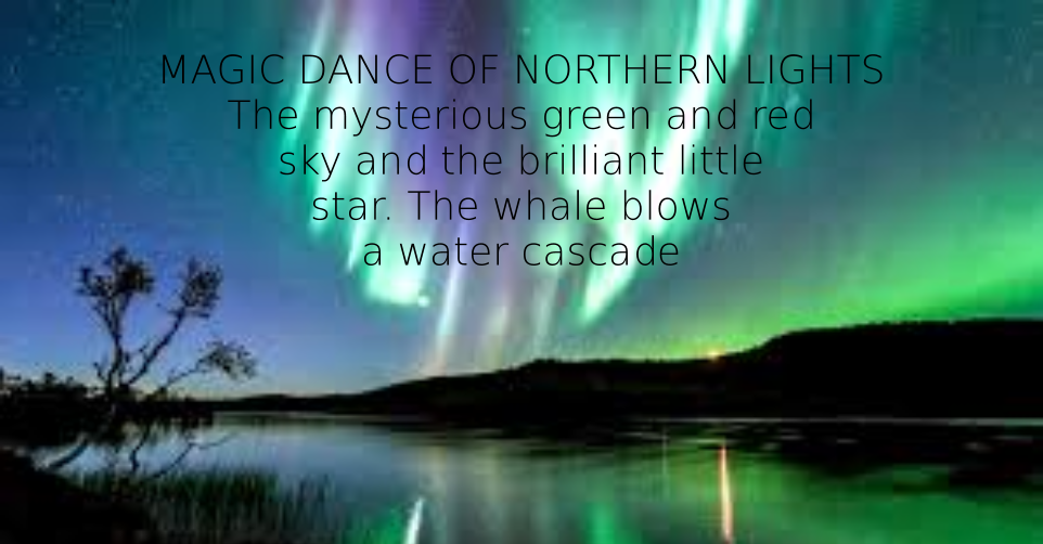 MAGIC DANCE OF NORTHERN LIGHTS The mysterious green and red sky and the brilliant little star. The whale blows a water cascade